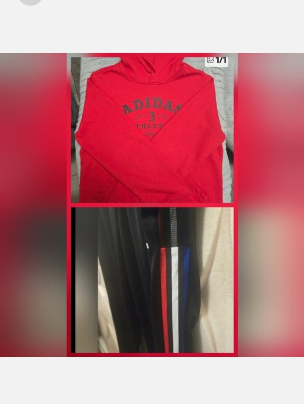 Adidas Red Hoodie with Black Track Pants - Multi Stripe M/L